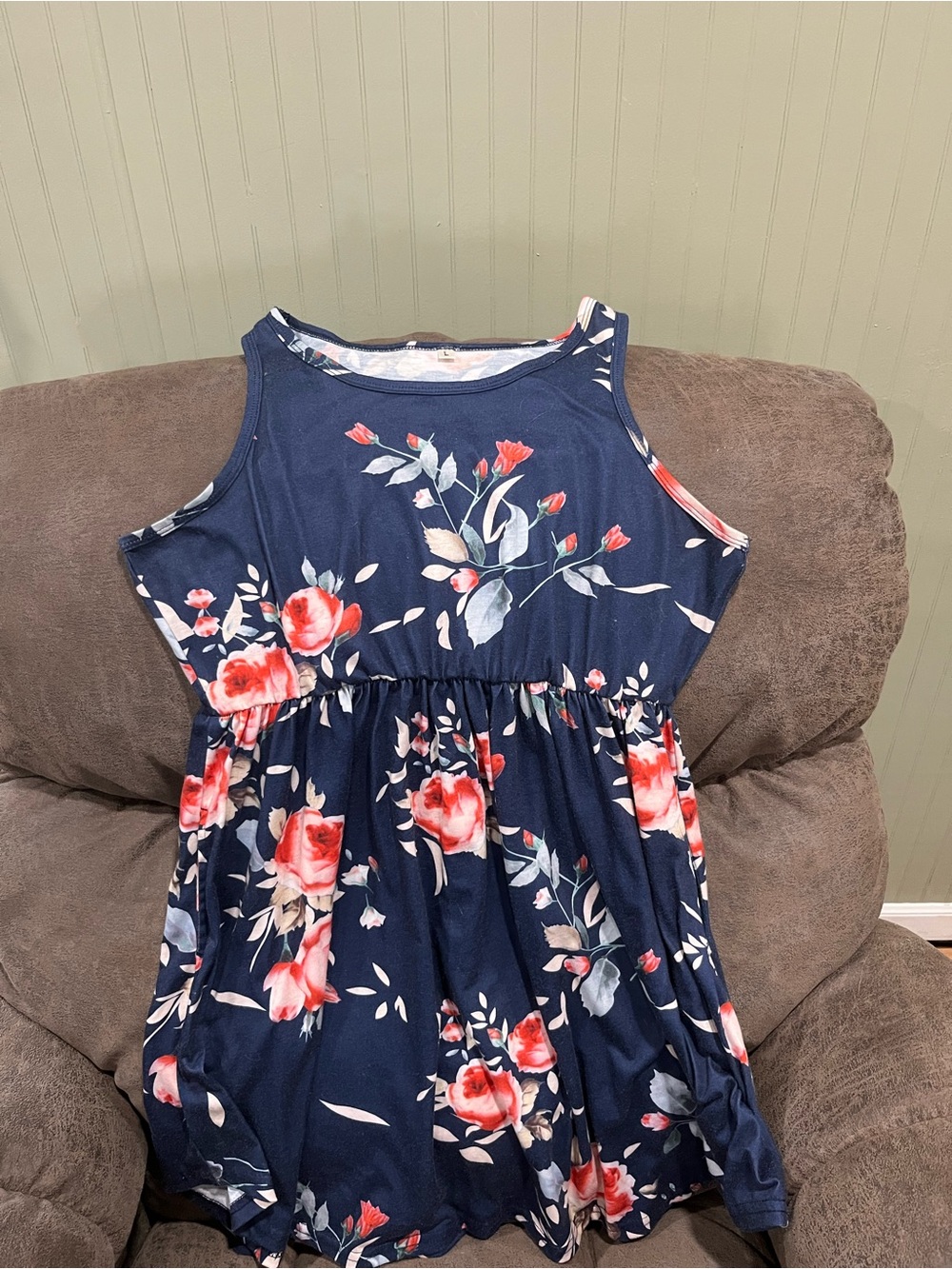 Navy Floral Sleeveless Casual Dress with Gathered Waist